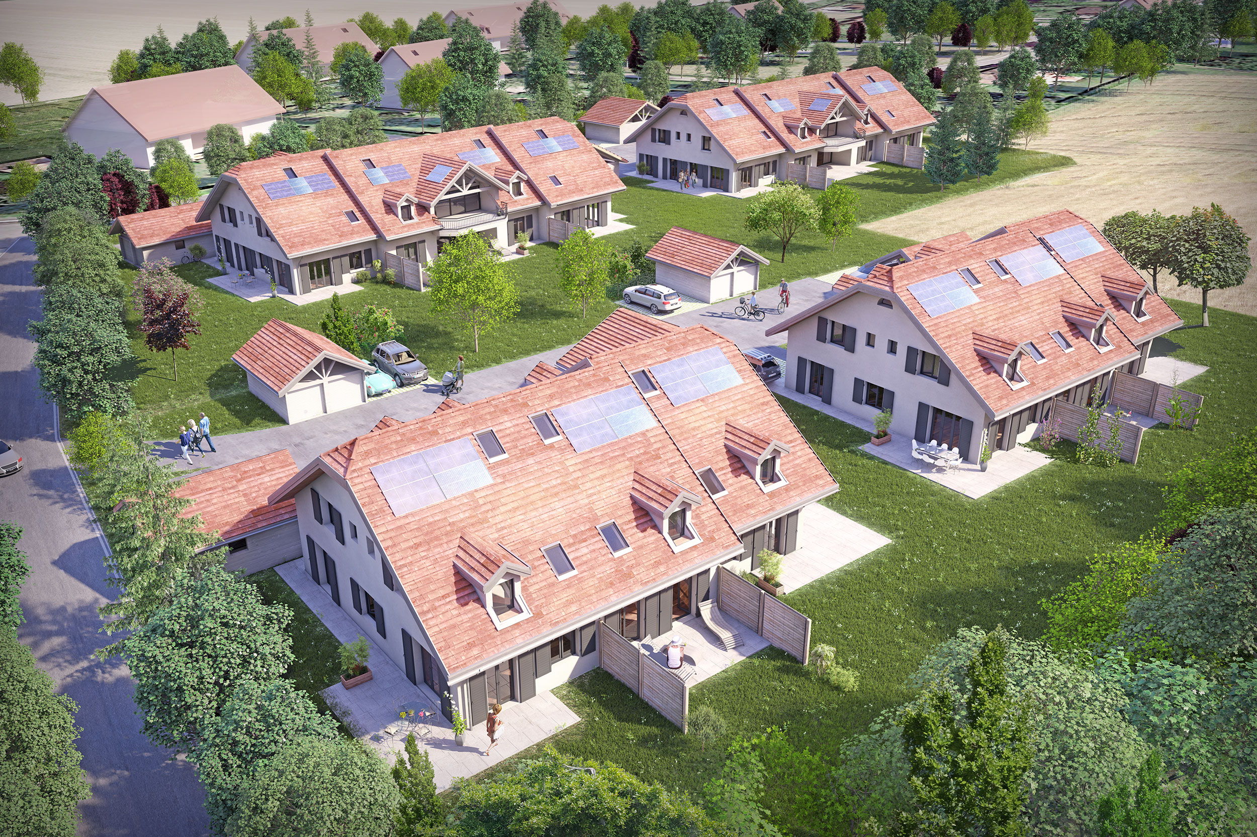 Illustration-perspective 3D villas d'un ensemble de résidences au style Vaudois, vue d'ensemble du projet