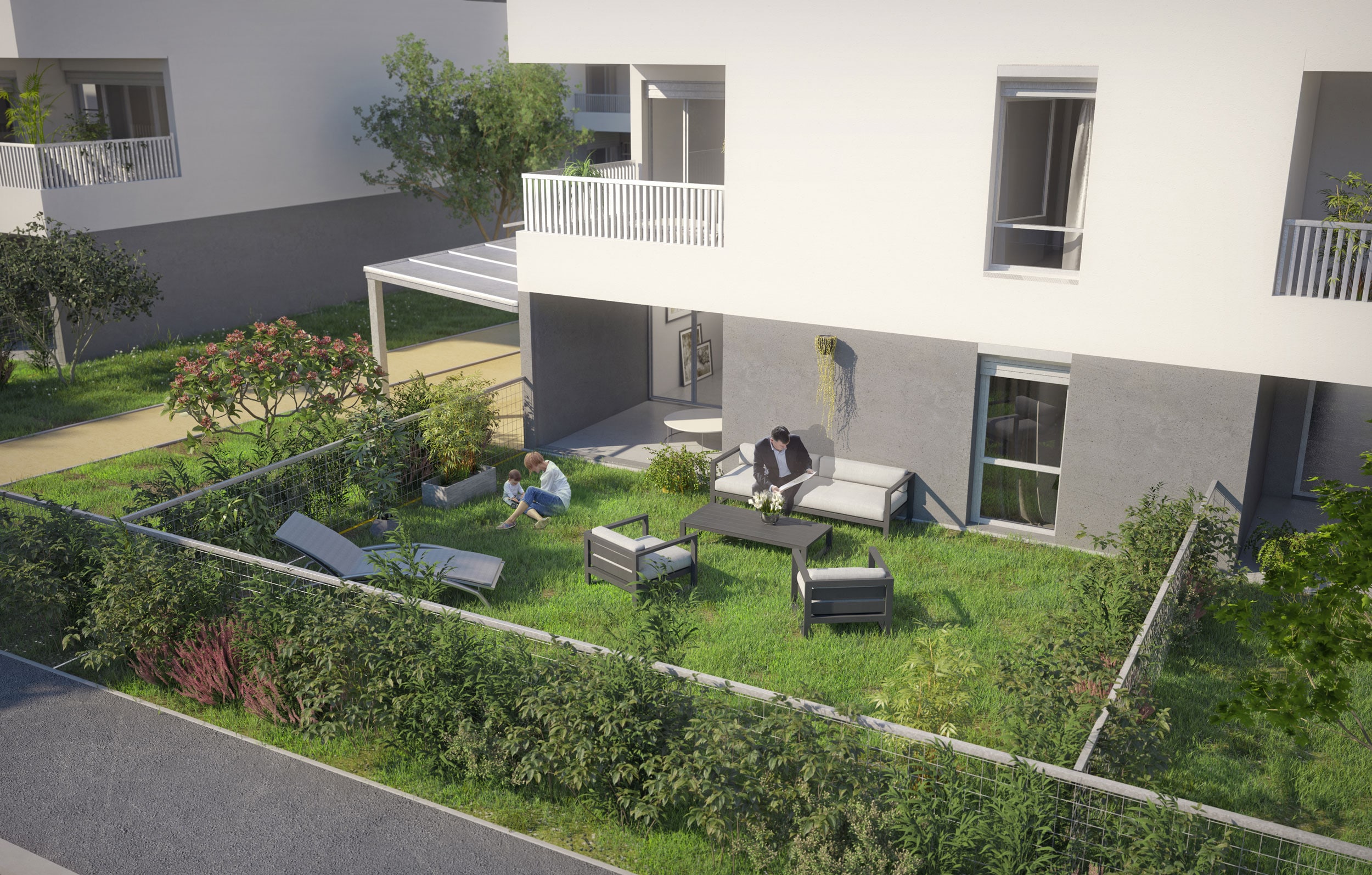 Programme Immobilier Logements Collectifs Canopée, vue extérieure avec jardin.