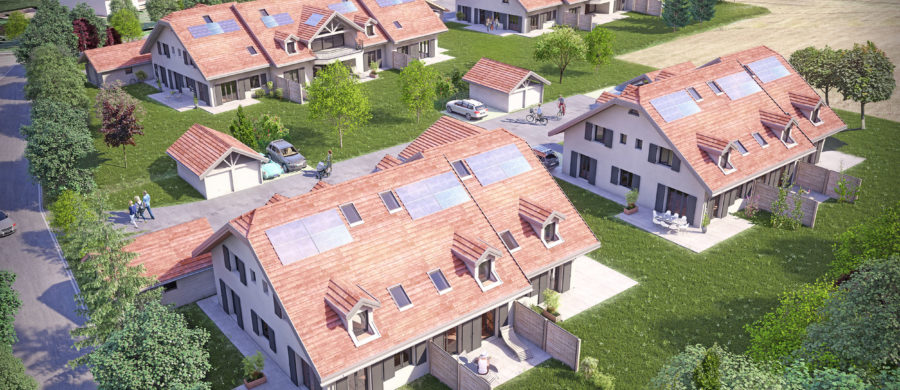 Illustration en perspective 3D d'un ensemble de villas, vue d'ensemble